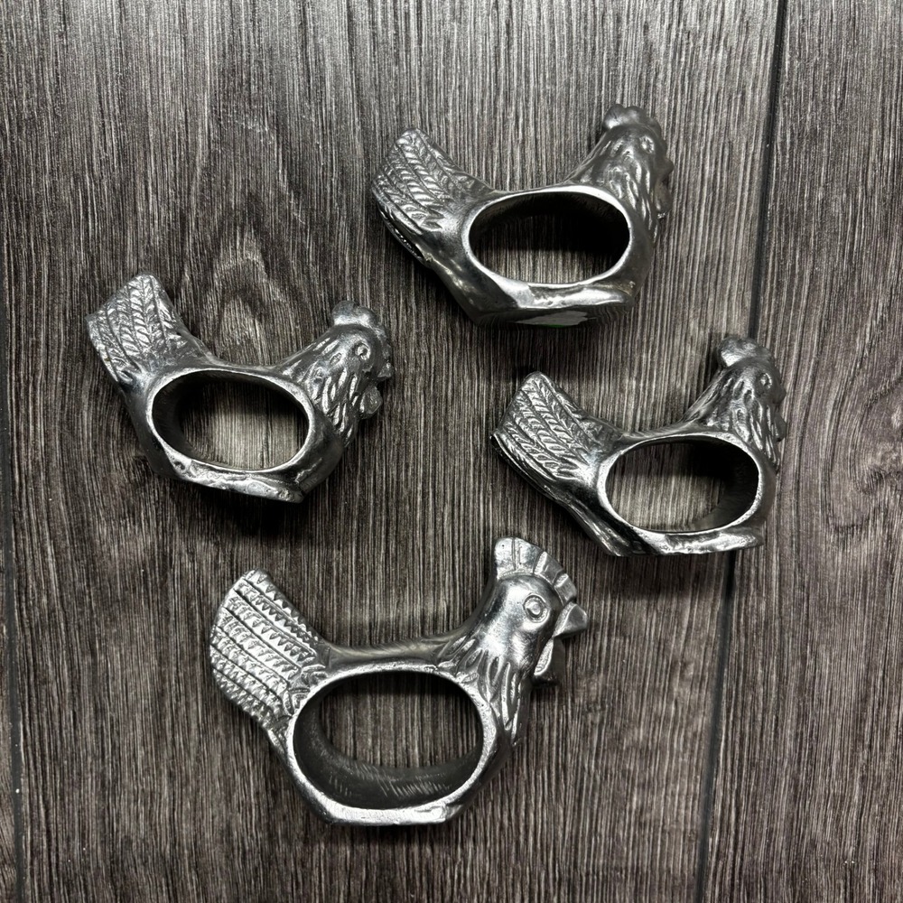 Vintage Pewter Chicken Napkin Rings Set of 4 Silver Tone Farmhouse Rooster Decor